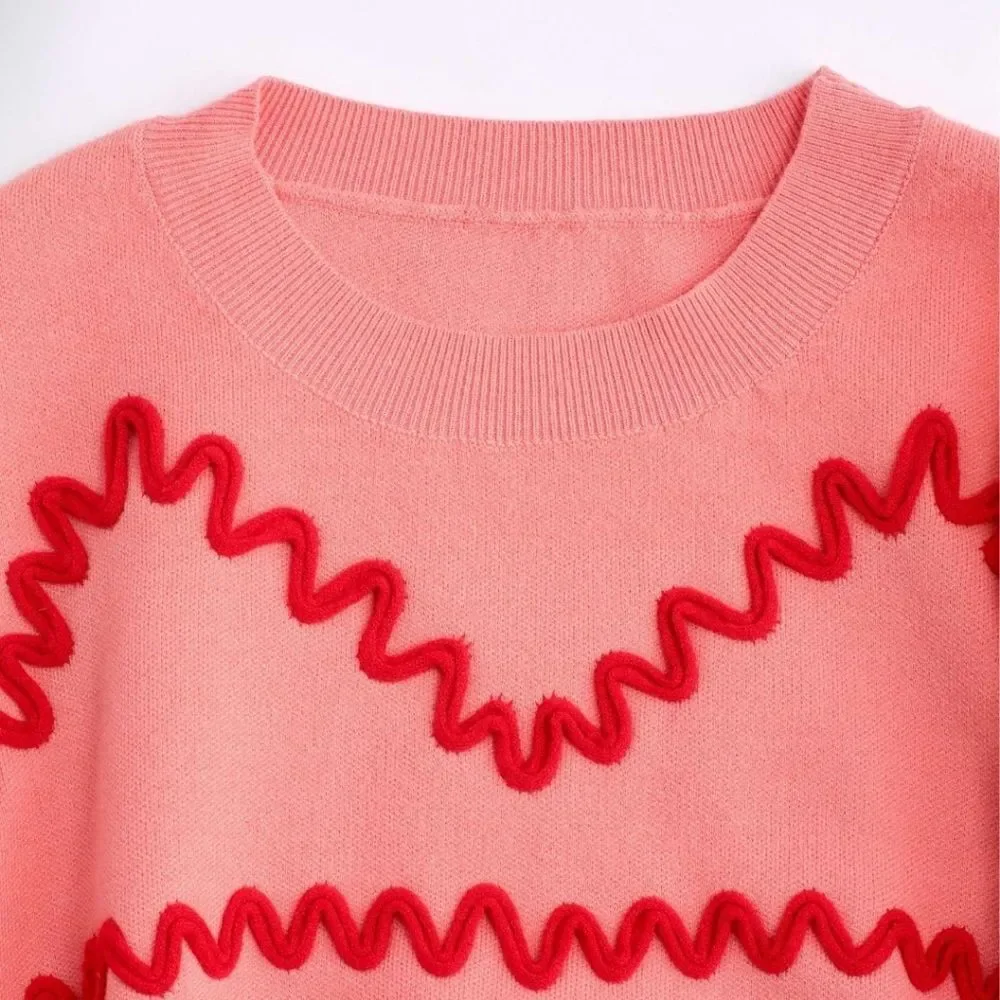 Cider Coral Pink Raised Red Squiggle Wave Cropped Trendy Pullover Knit Sweater